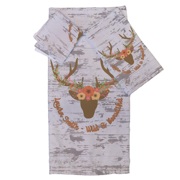 Custom Floral Antler Bath Towel Set - 3 Pcs (Personalized)
