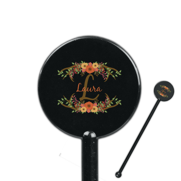 Custom Floral Antler 5.5" Round Plastic Stir Sticks - Black - Single Sided (Personalized)