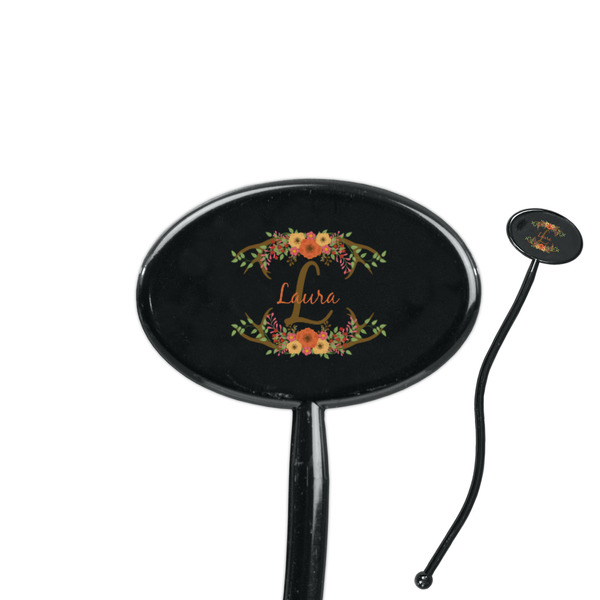 Custom Floral Antler 7" Oval Plastic Stir Sticks - Black - Double Sided (Personalized)