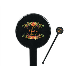 Floral Antler 7" Round Plastic Stir Sticks - Black - Single Sided (Personalized)