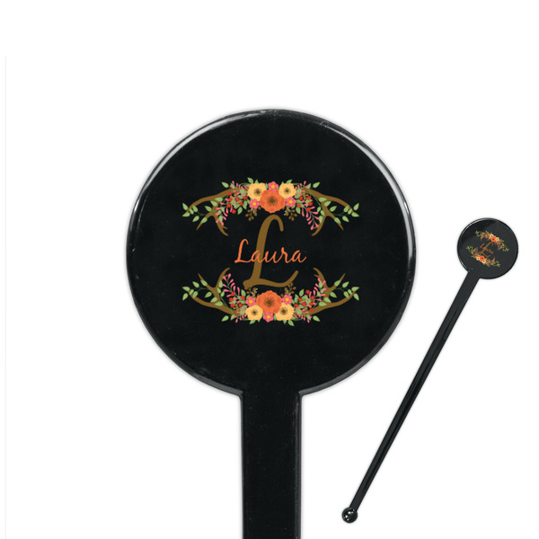 Custom Floral Antler 7" Round Plastic Stir Sticks - Black - Single Sided (Personalized)