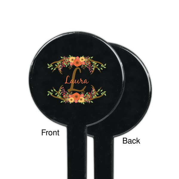Floral Antler Black Plastic 7" Stir Stick - Single Sided - Round - Front & Back