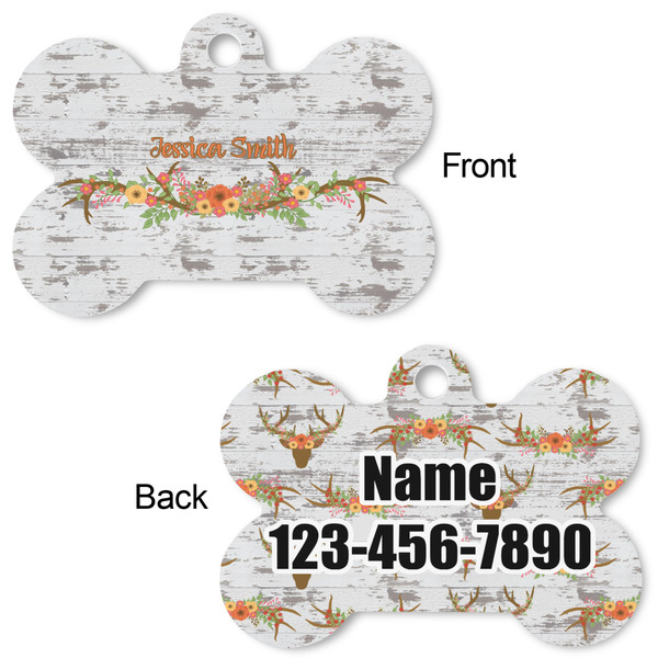 Floral Antler Bone Shaped Dog Tag - Front & Back