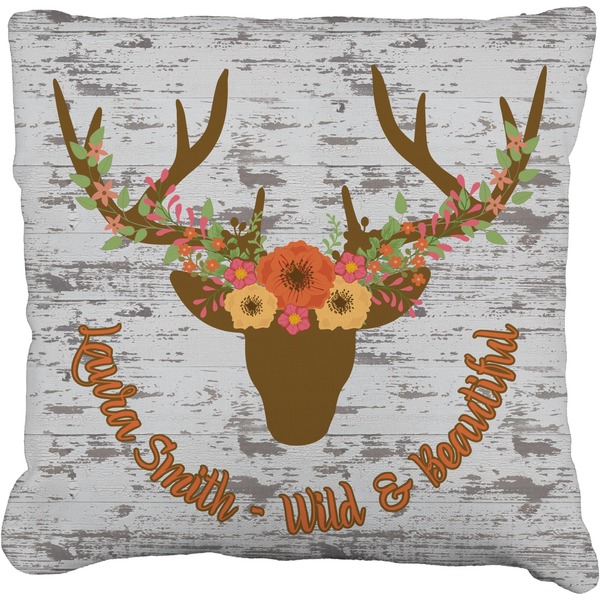 Custom Floral Antler Faux-Linen Throw Pillow 16" (Personalized)