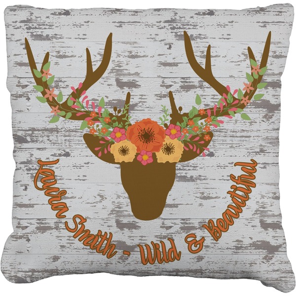 Custom Floral Antler Faux-Linen Throw Pillow 18" (Personalized)