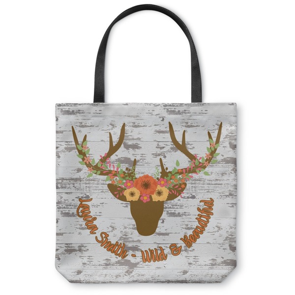 Custom Floral Antler Canvas Tote Bag - Small - 13"x13" (Personalized)