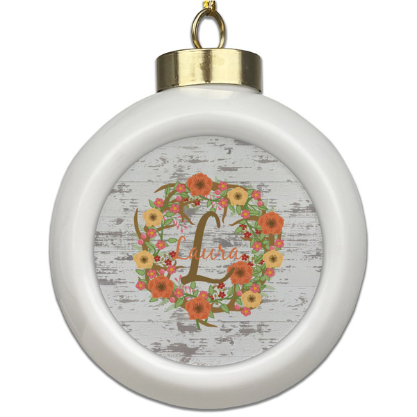 Custom Floral Antler Ceramic Ball Ornament (Personalized)