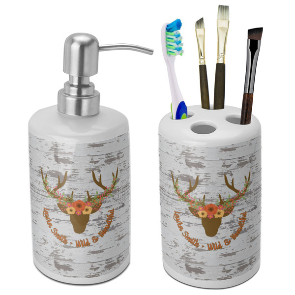 Custom Floral Antler Ceramic Bathroom Accessories Set (Personalized)