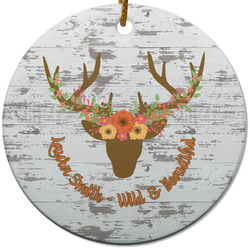 Floral Antler Round Ceramic Ornament w/ Name or Text