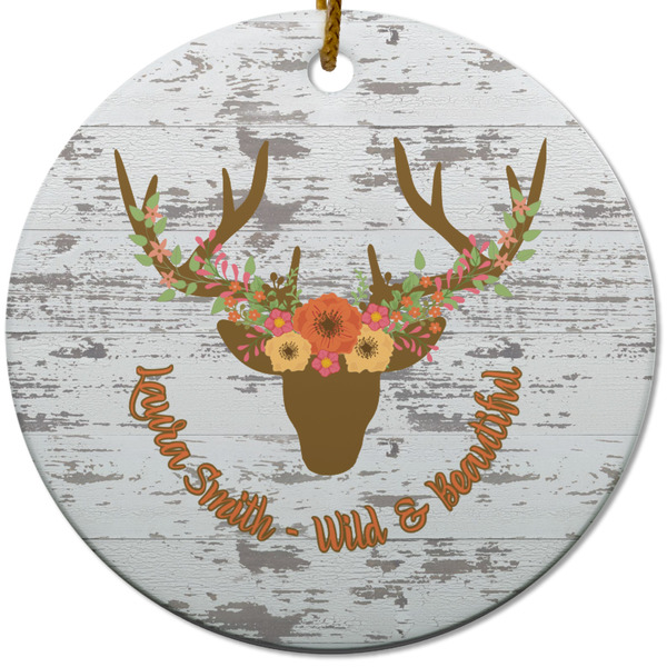 Custom Floral Antler Round Ceramic Ornament w/ Name or Text