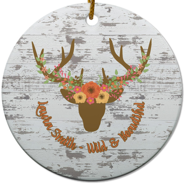 Floral Antler Ceramic Flat Ornament - Circle (Front)