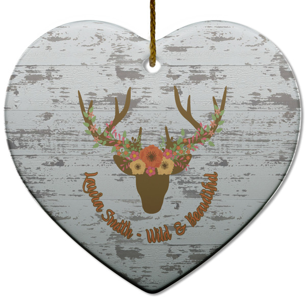 Custom Floral Antler Heart Ceramic Ornament w/ Name or Text