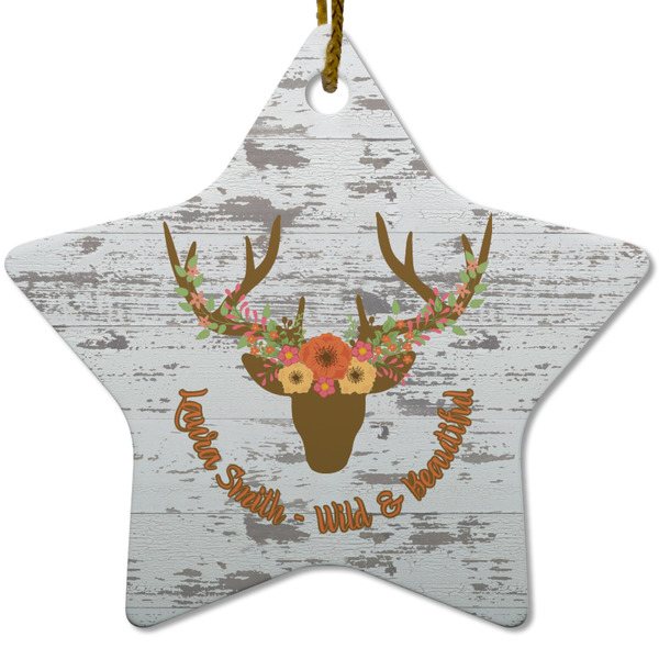 Floral Antler Ceramic Flat Ornament - Star (Front)