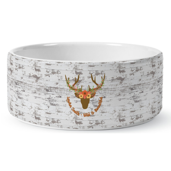 Custom Floral Antler Ceramic Dog Bowl - Medium (Personalized)