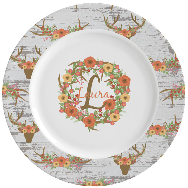 Custom Floral Antler Ceramic Dinner Plates (Set of 4) (Personalized)
