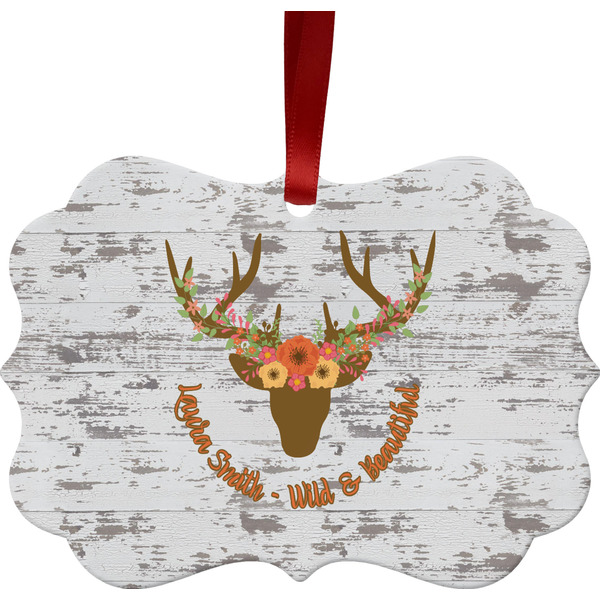 Custom Floral Antler Metal Frame Ornament - Double Sided w/ Name or Text