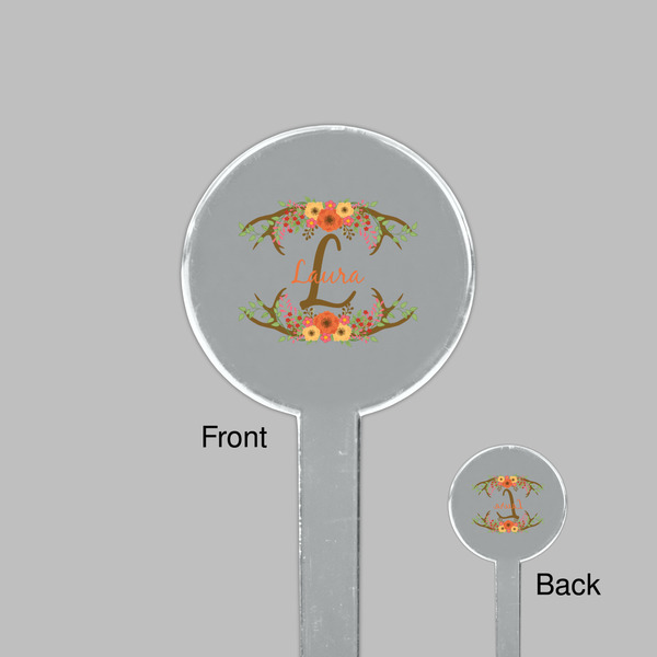 Floral Antler Clear Plastic 7" Stir Stick - Round - Front & Back