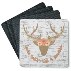 Floral Antler Square Rubber Backed Coasters - Set of 4 (Personalized)