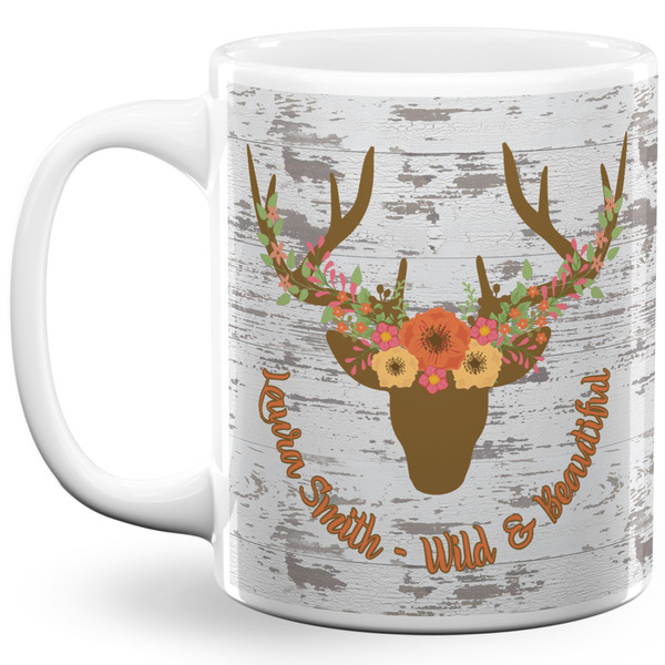 Custom Floral Antler 11 Oz Coffee Mug - White (Personalized)