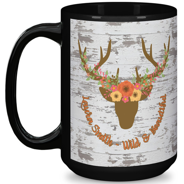 Custom Floral Antler 15 Oz Coffee Mug - Black (Personalized)