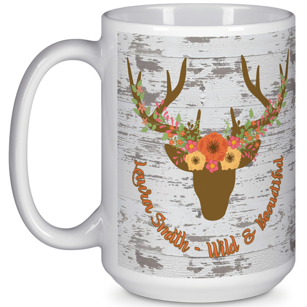 Custom Floral Antler 15 Oz Coffee Mug - White (Personalized)