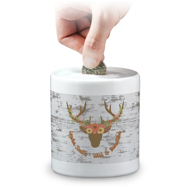 Custom Floral Antler Coin Bank (Personalized)