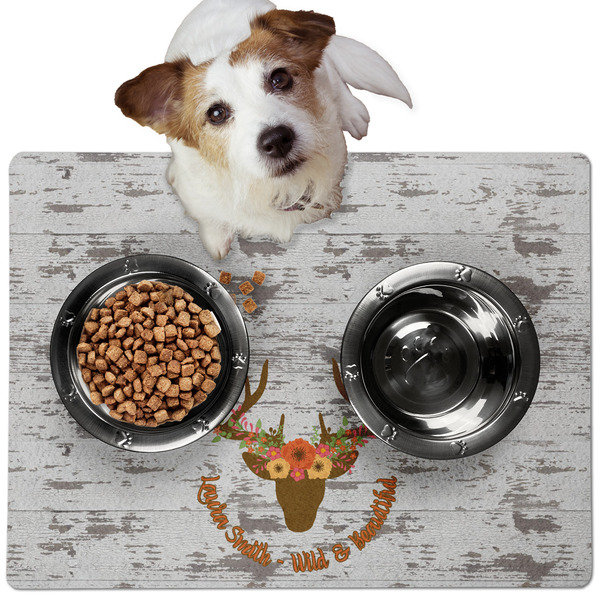 Custom Floral Antler Dog Food Mat - Medium w/ Name or Text