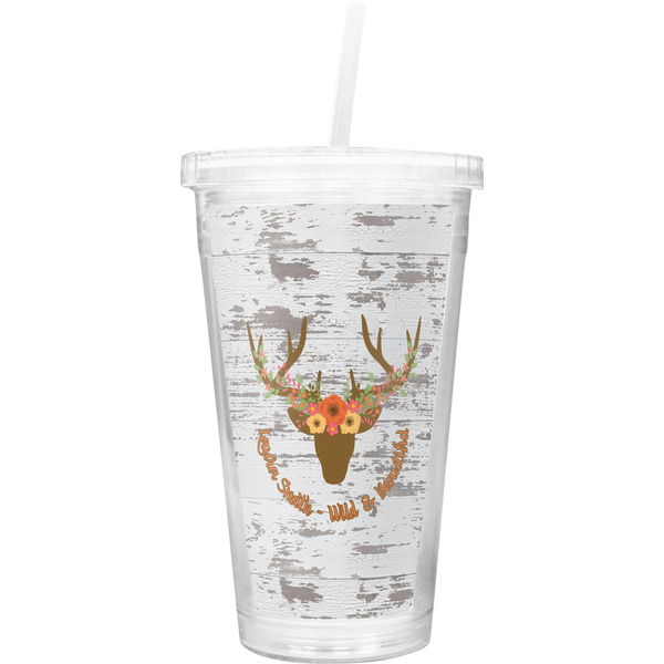 Custom Floral Antler Double Wall Tumbler with Straw (Personalized)
