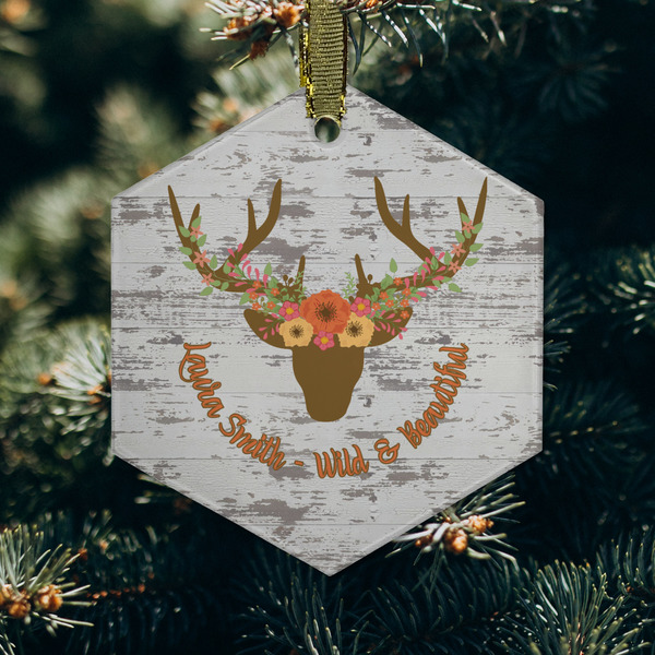 Floral Antler Frosted Glass Ornament - Hexagon (Lifestyle)