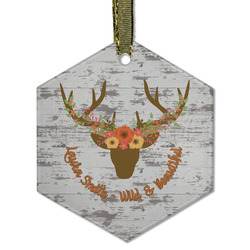 Floral Antler Flat Glass Ornament - Hexagon w/ Name or Text