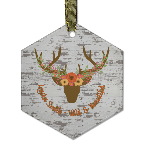 Custom Floral Antler Flat Glass Ornament - Hexagon w/ Name or Text