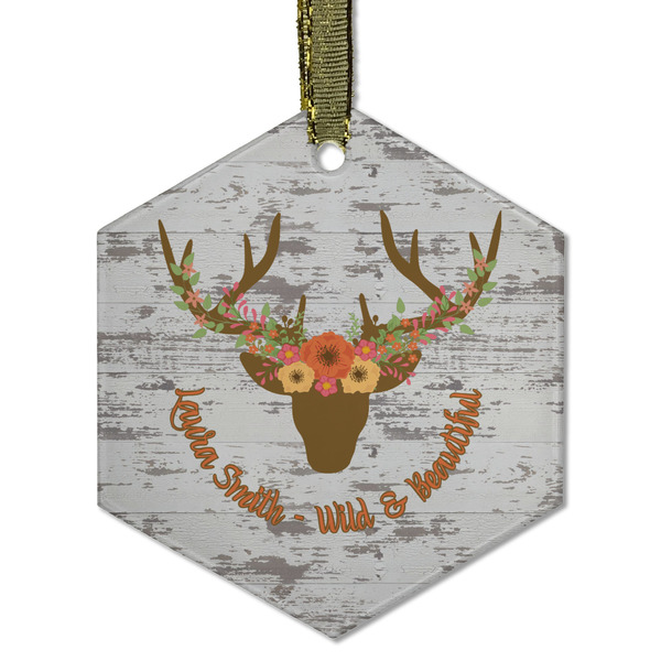 Custom Floral Antler Flat Glass Ornament - Hexagon w/ Name or Text