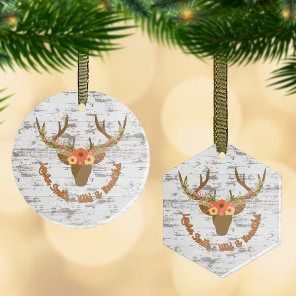 Custom Floral Antler Flat Glass Ornament w/ Name or Text