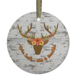 Floral Antler Flat Glass Ornament - Round w/ Name or Text