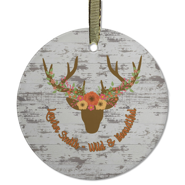 Custom Floral Antler Flat Glass Ornament - Round w/ Name or Text