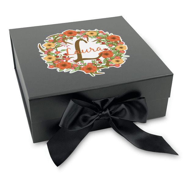 Custom Floral Antler Gift Box with Magnetic Lid - Black (Personalized)
