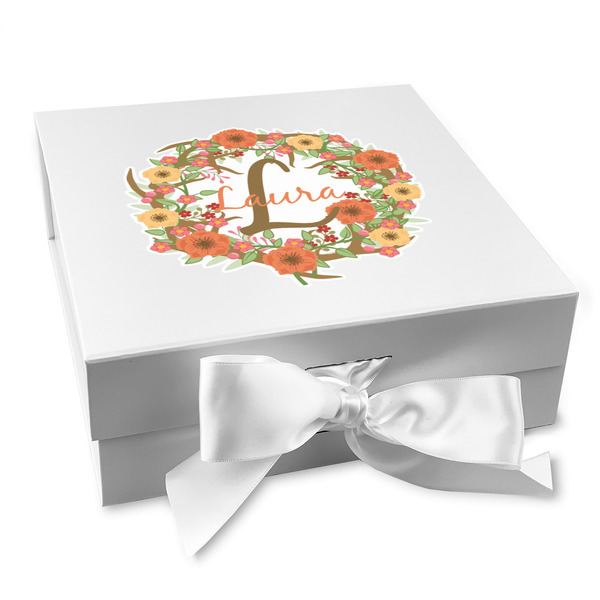 Custom Floral Antler Gift Box with Magnetic Lid - White (Personalized)