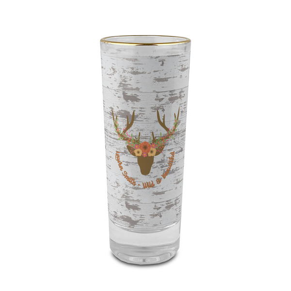 Custom Floral Antler 2 oz Shot Glass - Glass with Gold Rim (Personalized)