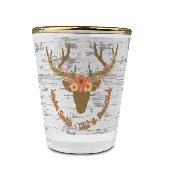 Custom Floral Antler Glass Shot Glass - 1.5 oz - with Gold Rim - Set of 4 (Personalized)