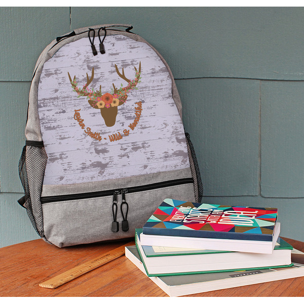Floral Antler Large Backpack - Gray - On Desk