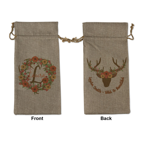 Custom Floral Antler Large Burlap Gift Bag - Front & Back (Personalized)