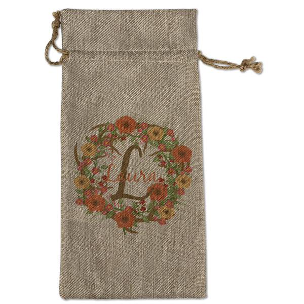 Custom Floral Antler Large Burlap Gift Bag - Front (Personalized)
