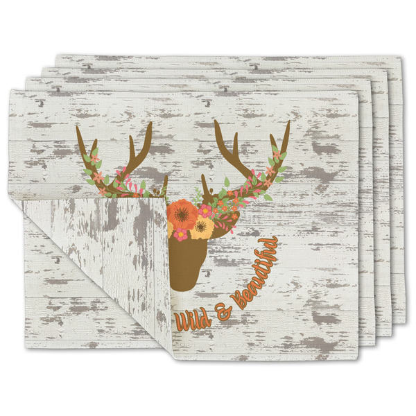 Custom Floral Antler Double-Sided Linen Placemat - Set of 4 w/ Name or Text