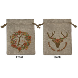 Floral Antler Medium Burlap Gift Bag - Front & Back (Personalized)