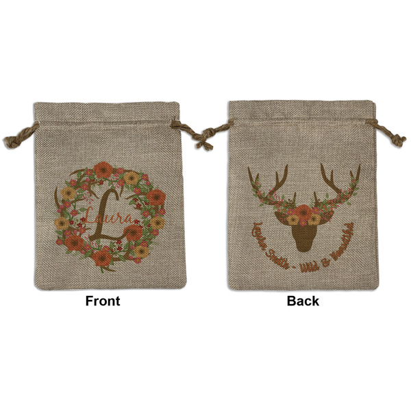 Custom Floral Antler Medium Burlap Gift Bag - Front & Back (Personalized)