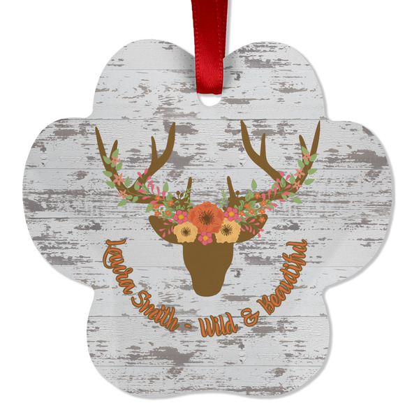 Custom Floral Antler Metal Paw Ornament - Double Sided w/ Name or Text