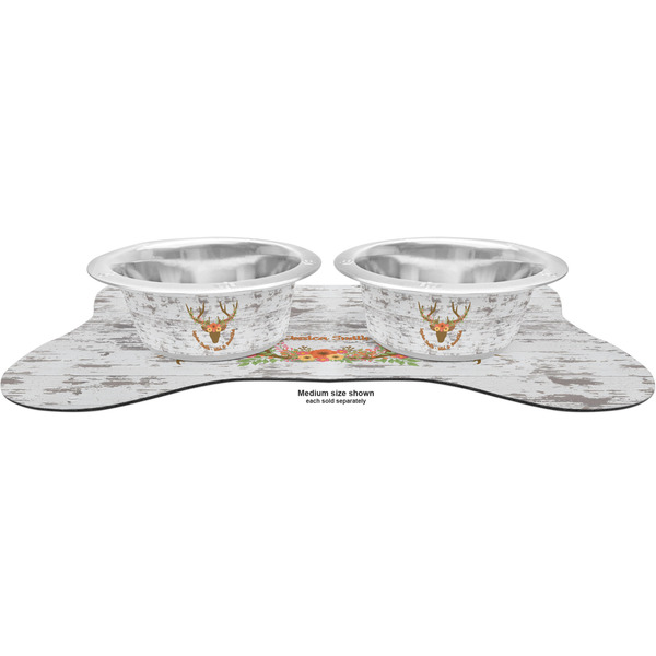 Floral Antler Metal Pet Bowls - On Dog Bone Shaped Mat