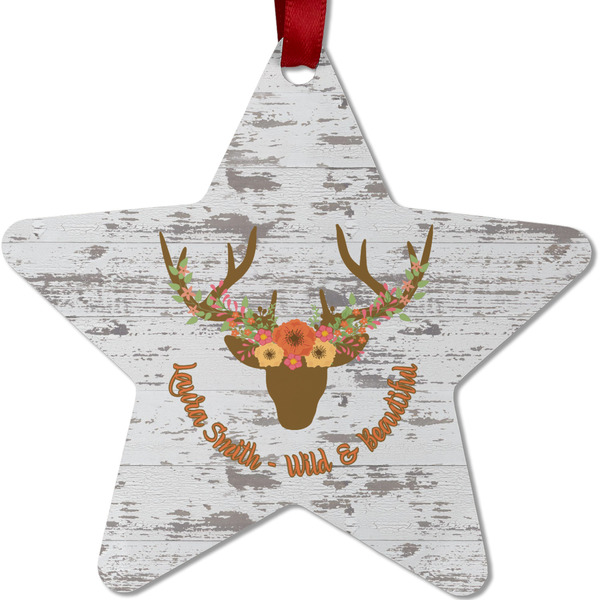 Custom Floral Antler Metal Star Ornament - Double Sided w/ Name or Text