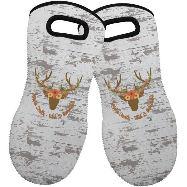 Custom Floral Antler Neoprene Oven Mitts - Set of 2 w/ Name or Text