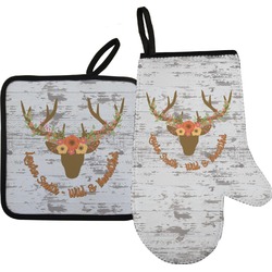 Floral Antler Right Oven Mitt & Pot Holder Set w/ Name or Text